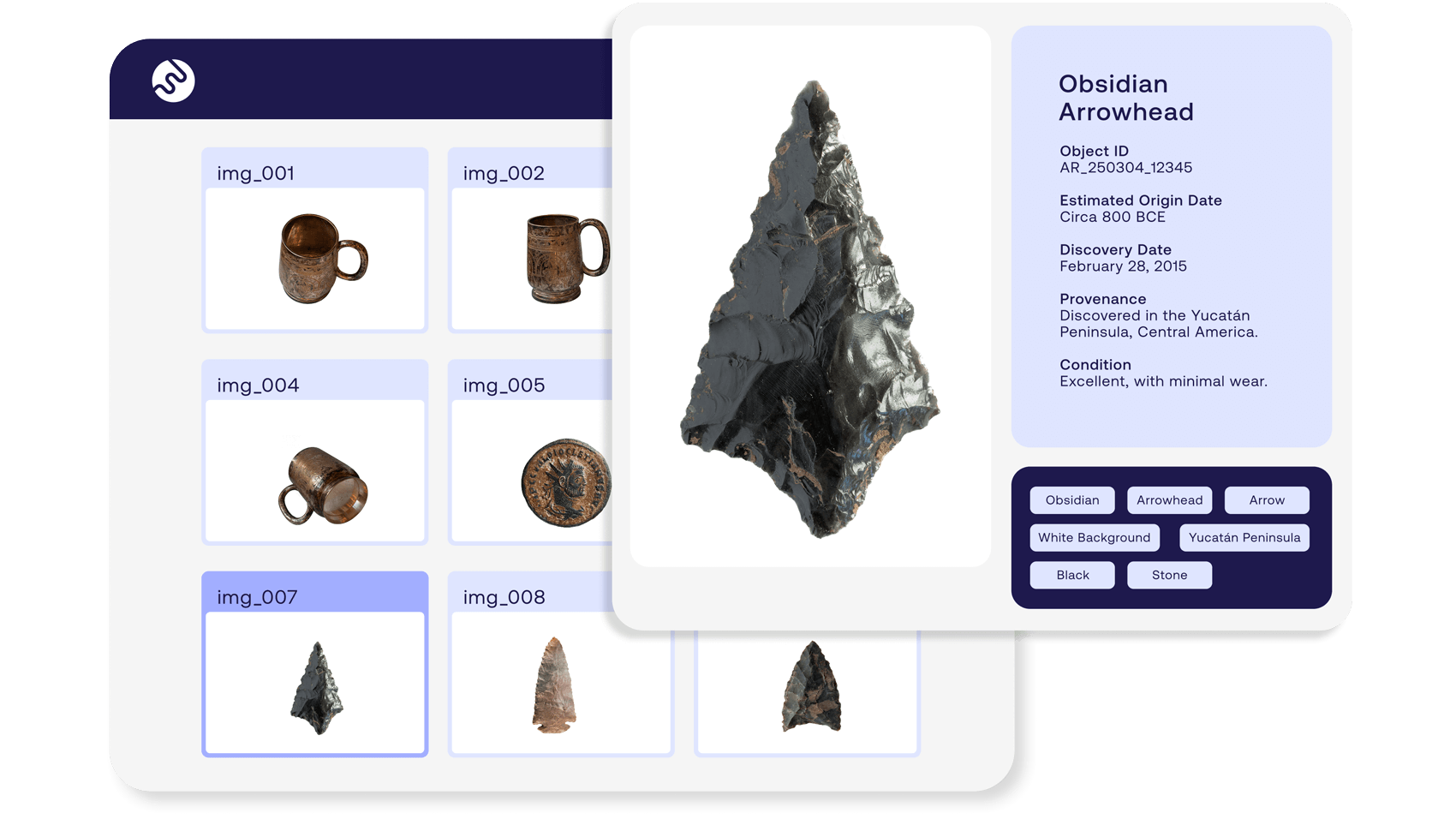 Arrowhead with metadata - origin date, object ID, provenance, condition, material, color, motif